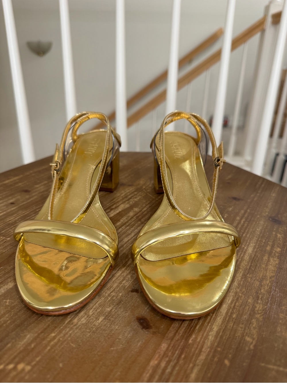 SCHUTZ Gold Metallic Slingback Block Heel Sandals Style: Skye